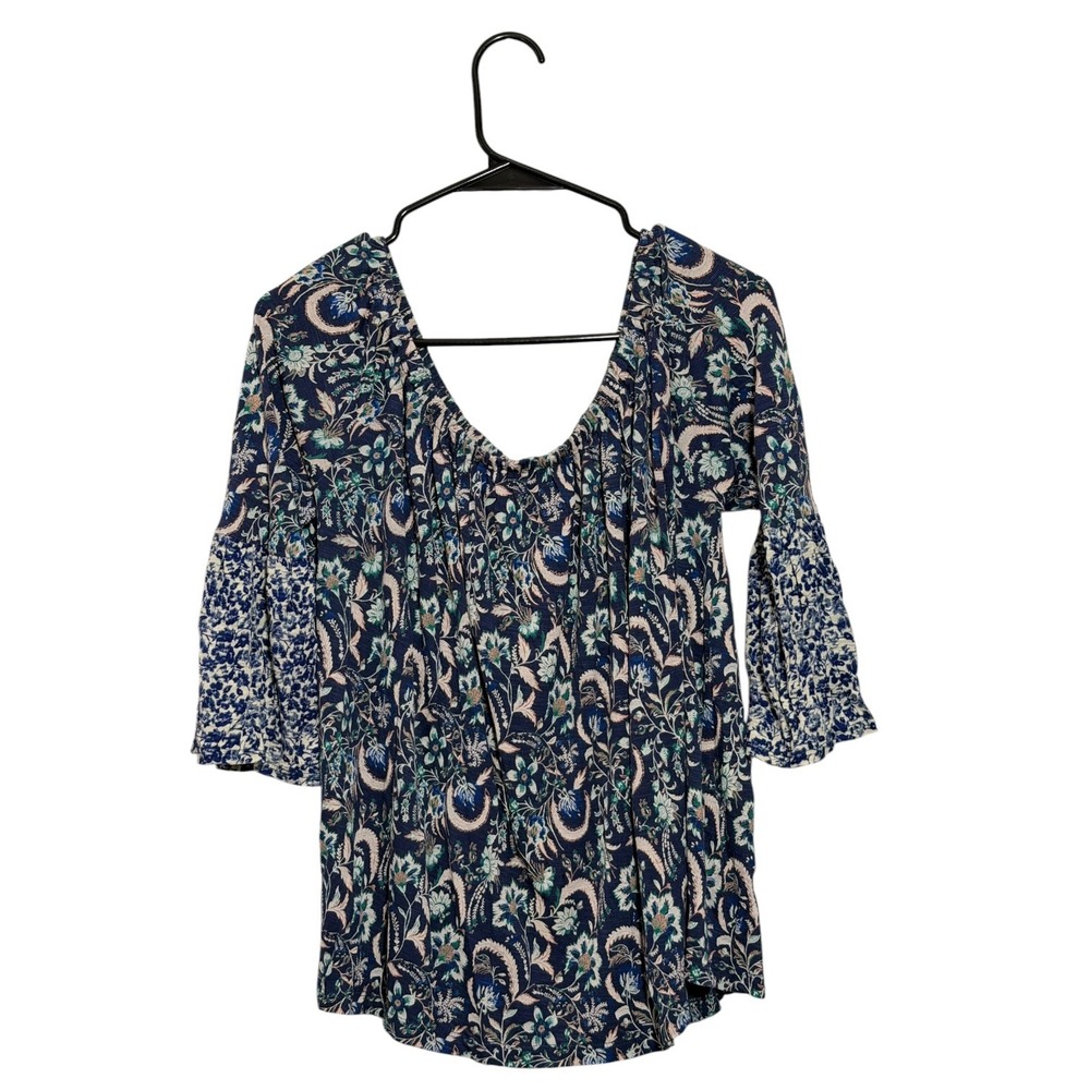 Lucky Brand Bohemian Floral Peasant Top Bell Sleeve Blouse Navy‎ Women's Medium